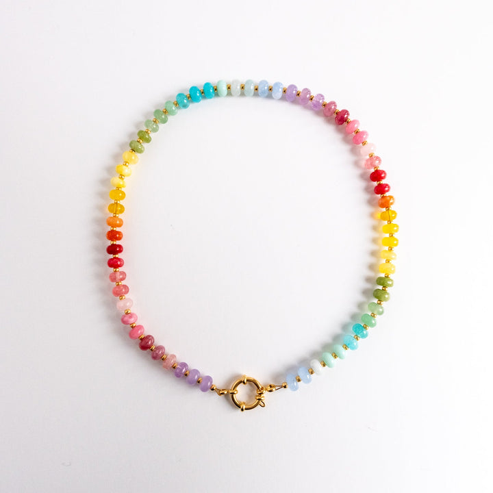 Multicolored beaded necklace on a white background