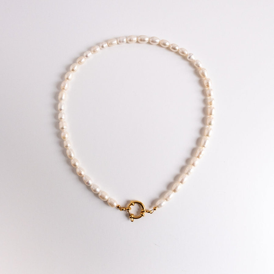 Pearl necklace with a gold clasp on a white background