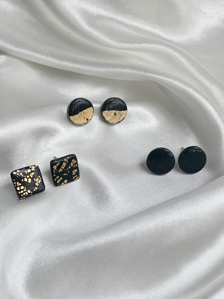 3 Pair Black and Gold Stud Pack