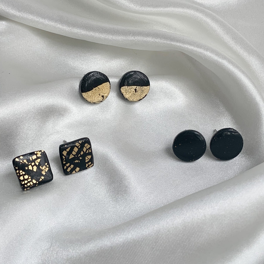 3 Pair Black and Gold Stud Pack
