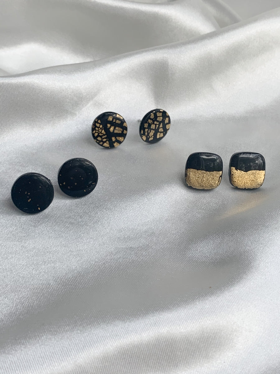 3 Pair Black and Gold Stud Pack